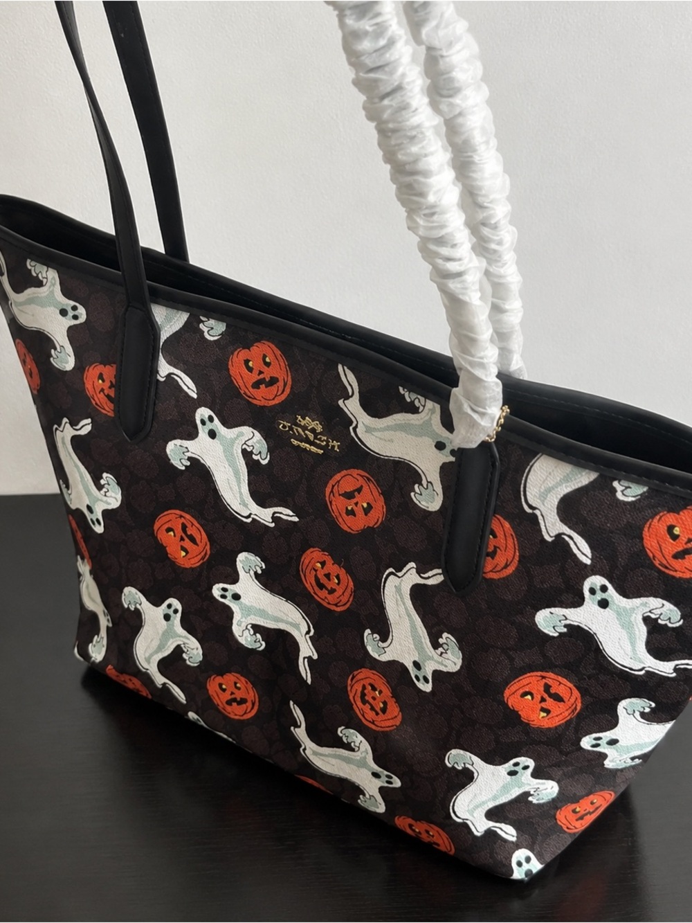 Coach Black Tote with White Ghosts and Orange Jack-o'-Lanterns